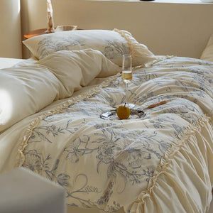 VILZSTUDIOS Ivory duvet cover set with blue-grey floral sketches and gathered ruffle trim
