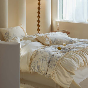 VILZSTUDIOS Ivory duvet cover set with blue-grey floral sketches and gathered ruffle trim