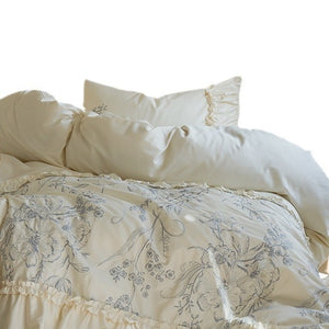 VILZSTUDIOS Ivory duvet cover set with blue-grey floral sketches and gathered ruffle trim