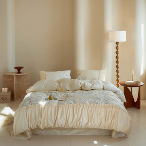 VILZSTUDIOS Ivory duvet cover set with blue-grey floral sketches and gathered ruffle trim