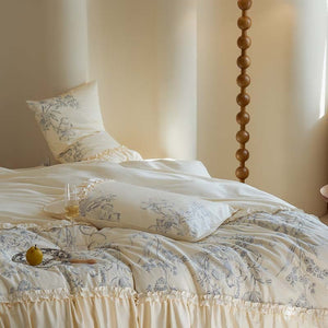VILZSTUDIOS Ivory duvet cover set with blue-grey floral sketches and gathered ruffle trim