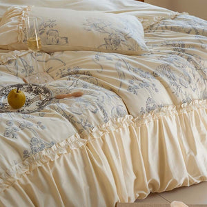 VILZSTUDIOS Ivory duvet cover set with blue-grey floral sketches and gathered ruffle trim