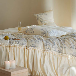 VILZSTUDIOS Ivory duvet cover set with blue-grey floral sketches and gathered ruffle trim