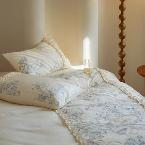 VILZSTUDIOS Ivory duvet cover set with blue-grey floral sketches and gathered ruffle trim