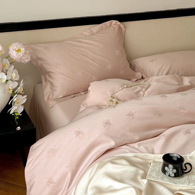 VILZSTUDIOS muted pink, champagne, brown and ivory tonal jacquard duvet cover set with a silky sheen