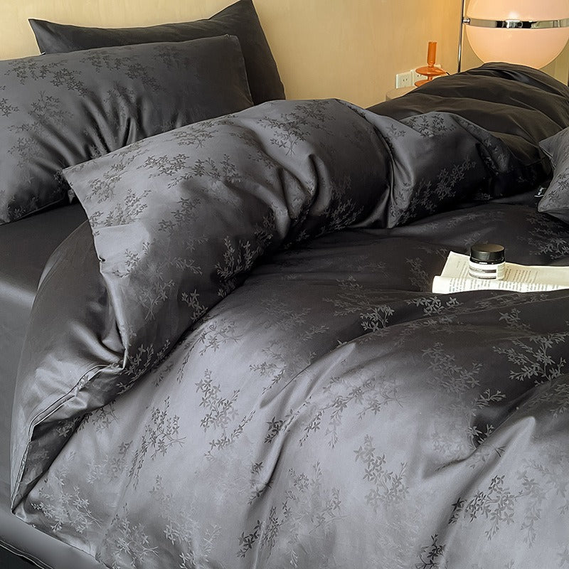 VILZSTUDIOS blush, ivory, mocha, taupe and charcoal tonal jacquard duvet cover set with satin sheen and flanged pillowcases