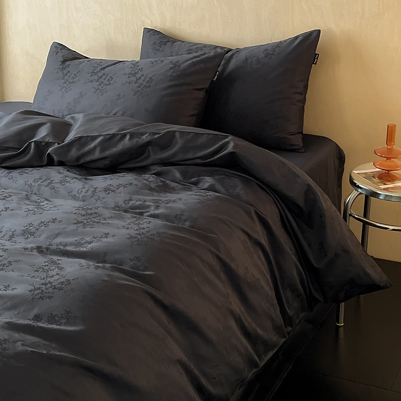 VILZSTUDIOS blush, ivory, mocha, taupe and charcoal tonal jacquard duvet cover set with satin sheen and flanged pillowcases