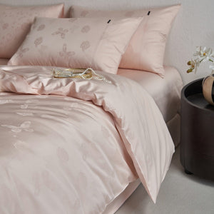 VILZSTUDIOS tonal jacquard duvet cover set in blush pink, silver gray, champagne ivory and charcoal with flanged pillowcases