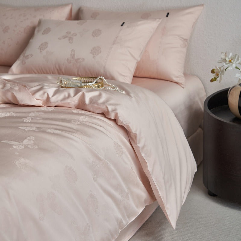 VILZSTUDIOS tonal jacquard duvet cover set in blush pink, silver gray, champagne ivory and charcoal with flanged pillowcases