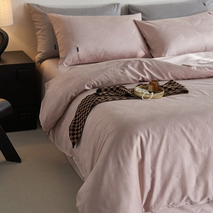 VILZSTUDIOS tonal jacquard duvet cover set in blush pink, silver gray, champagne ivory and charcoal with flanged pillowcases