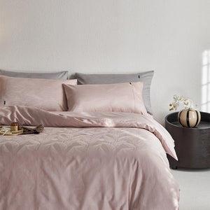 VILZSTUDIOS tonal jacquard duvet cover set in blush pink, silver gray, champagne ivory and charcoal with flanged pillowcases