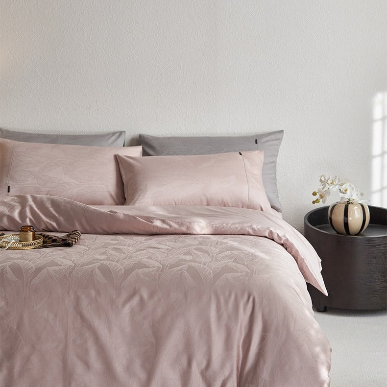 VILZSTUDIOS tonal jacquard duvet cover set in blush pink, silver gray, champagne ivory and charcoal with flanged pillowcases
