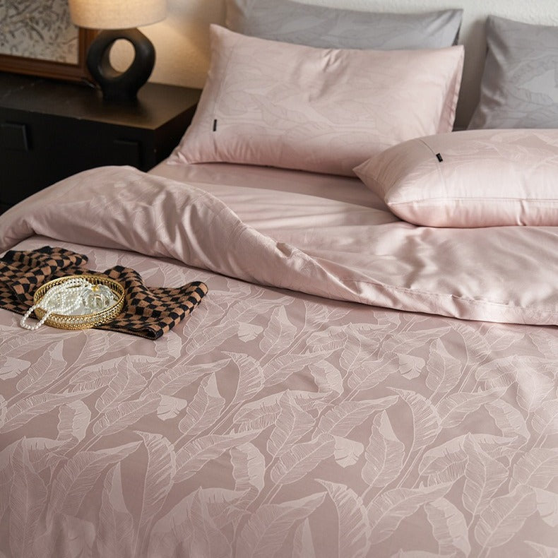 VILZSTUDIOS tonal jacquard duvet cover set in blush pink, silver gray, champagne ivory and charcoal with flanged pillowcases