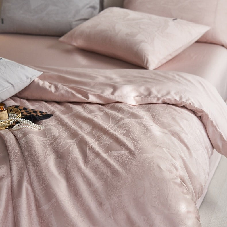 VILZSTUDIOS tonal jacquard duvet cover set in blush pink, silver gray, champagne ivory and charcoal with flanged pillowcases
