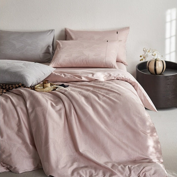 VILZSTUDIOS tonal jacquard duvet cover set in blush pink, silver gray, champagne ivory and charcoal with flanged pillowcases
