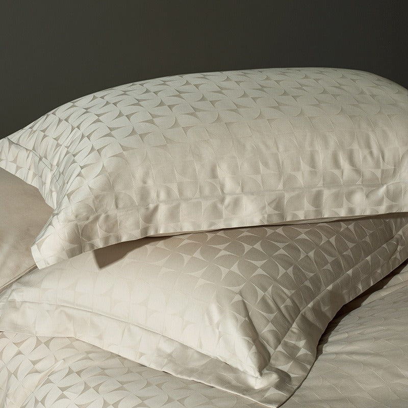 VILZSTUDIOS warm neutral jacquard duvet cover set with tonal geometric patterns and wide-flange pillowcases