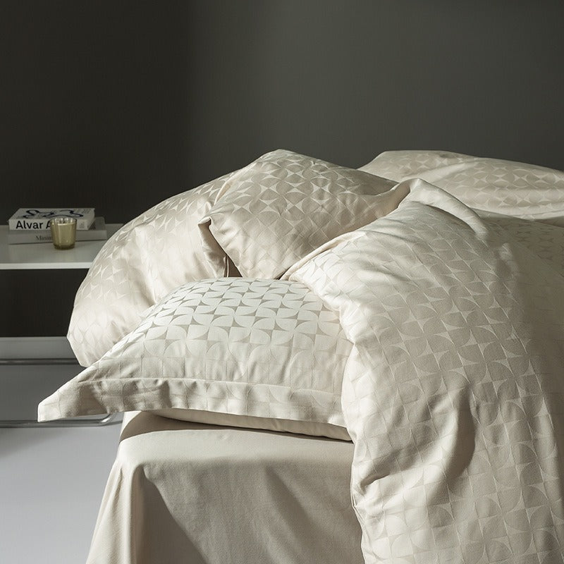 VILZSTUDIOS warm neutral jacquard duvet cover set with tonal geometric patterns and wide-flange pillowcases