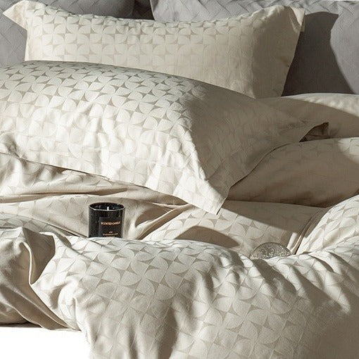 VILZSTUDIOS warm neutral jacquard duvet cover set with tonal geometric patterns and wide-flange pillowcases
