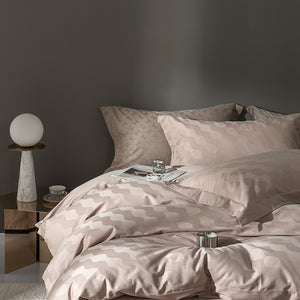 VILZSTUDIOS warm neutral jacquard duvet cover set with tonal geometric patterns and wide-flange pillowcases