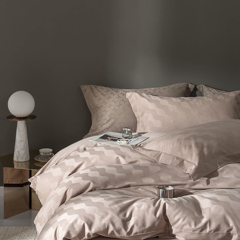 VILZSTUDIOS warm neutral jacquard duvet cover set with tonal geometric patterns and wide-flange pillowcases