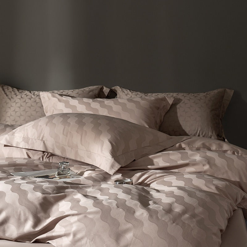 VILZSTUDIOS warm neutral jacquard duvet cover set with tonal geometric patterns and wide-flange pillowcases