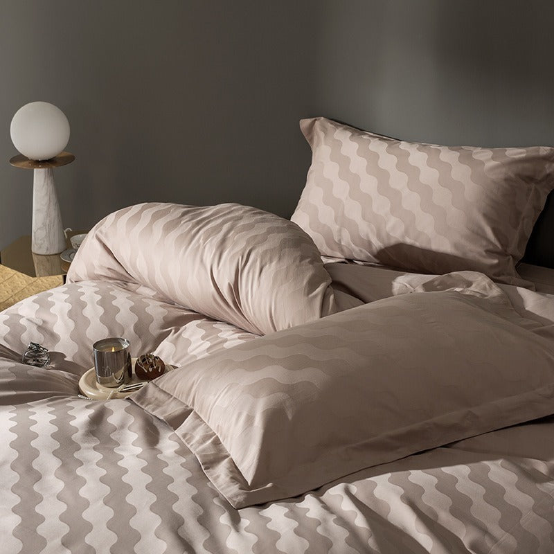 VILZSTUDIOS warm neutral jacquard duvet cover set with tonal geometric patterns and wide-flange pillowcases
