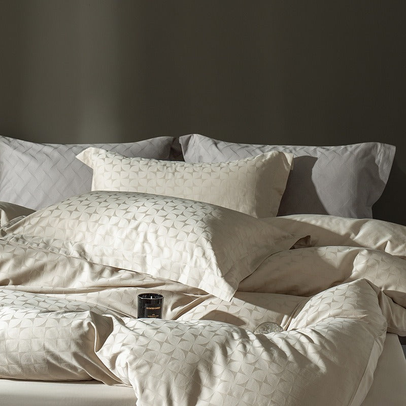 VILZSTUDIOS warm neutral jacquard duvet cover set with tonal geometric patterns and wide-flange pillowcases