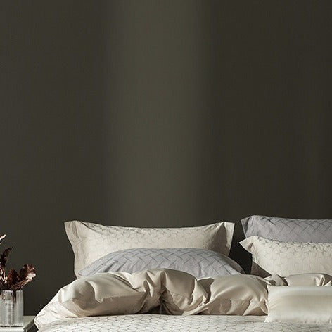VILZSTUDIOS warm neutral jacquard duvet cover set with tonal geometric patterns and wide-flange pillowcases