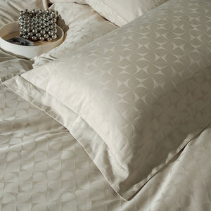 VILZSTUDIOS warm neutral jacquard duvet cover set with tonal geometric patterns and wide-flange pillowcases
