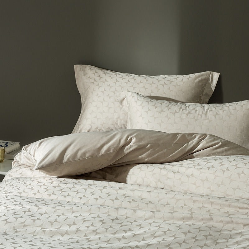 VILZSTUDIOS warm neutral jacquard duvet cover set with tonal geometric patterns and wide-flange pillowcases