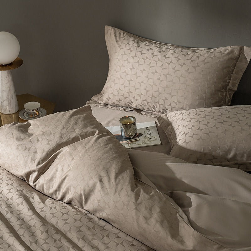 VILZSTUDIOS warm neutral jacquard duvet cover set with tonal geometric patterns and wide-flange pillowcases