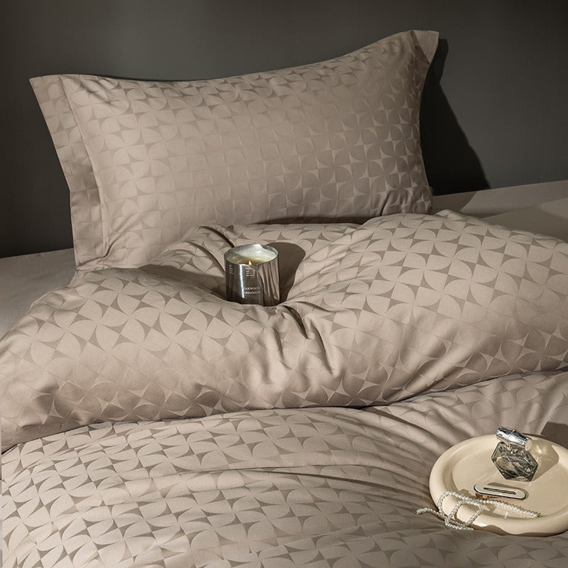 VILZSTUDIOS warm neutral jacquard duvet cover set with tonal geometric patterns and wide-flange pillowcases