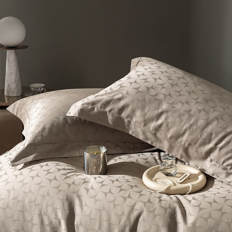 VILZSTUDIOS warm neutral jacquard duvet cover set with tonal geometric patterns and wide-flange pillowcases