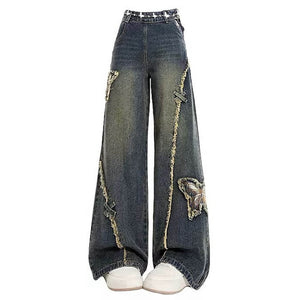 VILZSTUDIOS Trendy butterfly flared denim jeans for streetwear fashion