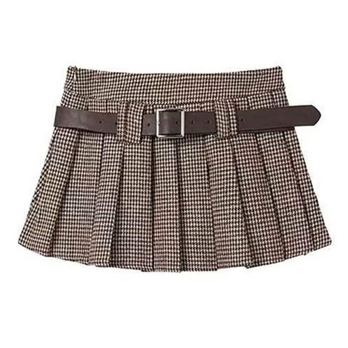 VILZSTUDIOS Trendy plaid belted mini skirt from VILZSTUDIOS