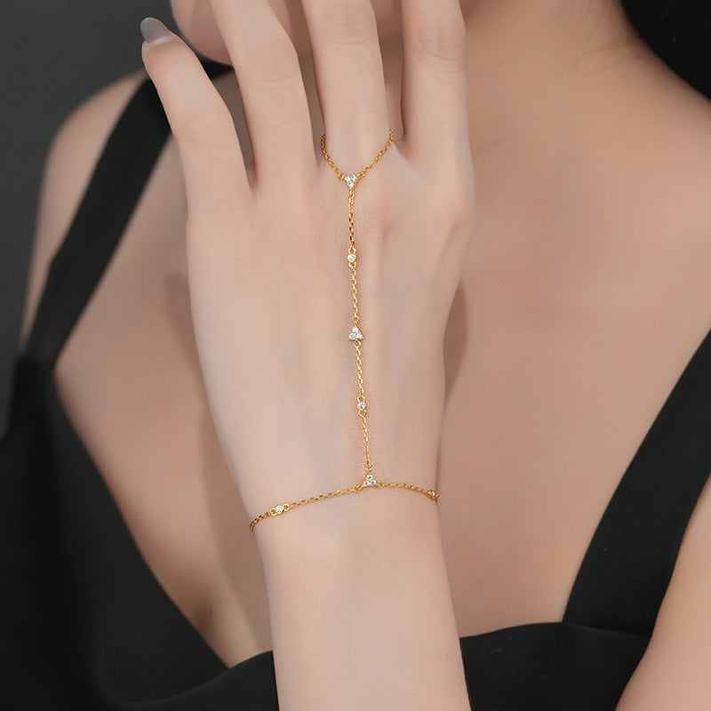 VILZSTUDIOS silver triangular cluster hand chain bracelet ring