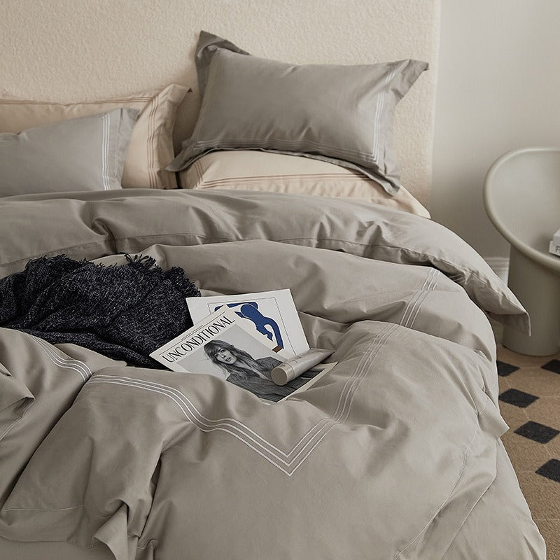 VILZSTUDIOS taupe-gray, blush pink or cream bedding set with triple-line embroidered borders and flanged edges