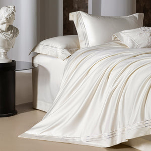 VILZSTUDIOS ivory satin bedding set with triple metallic embroidered stripes and wide flanged borders