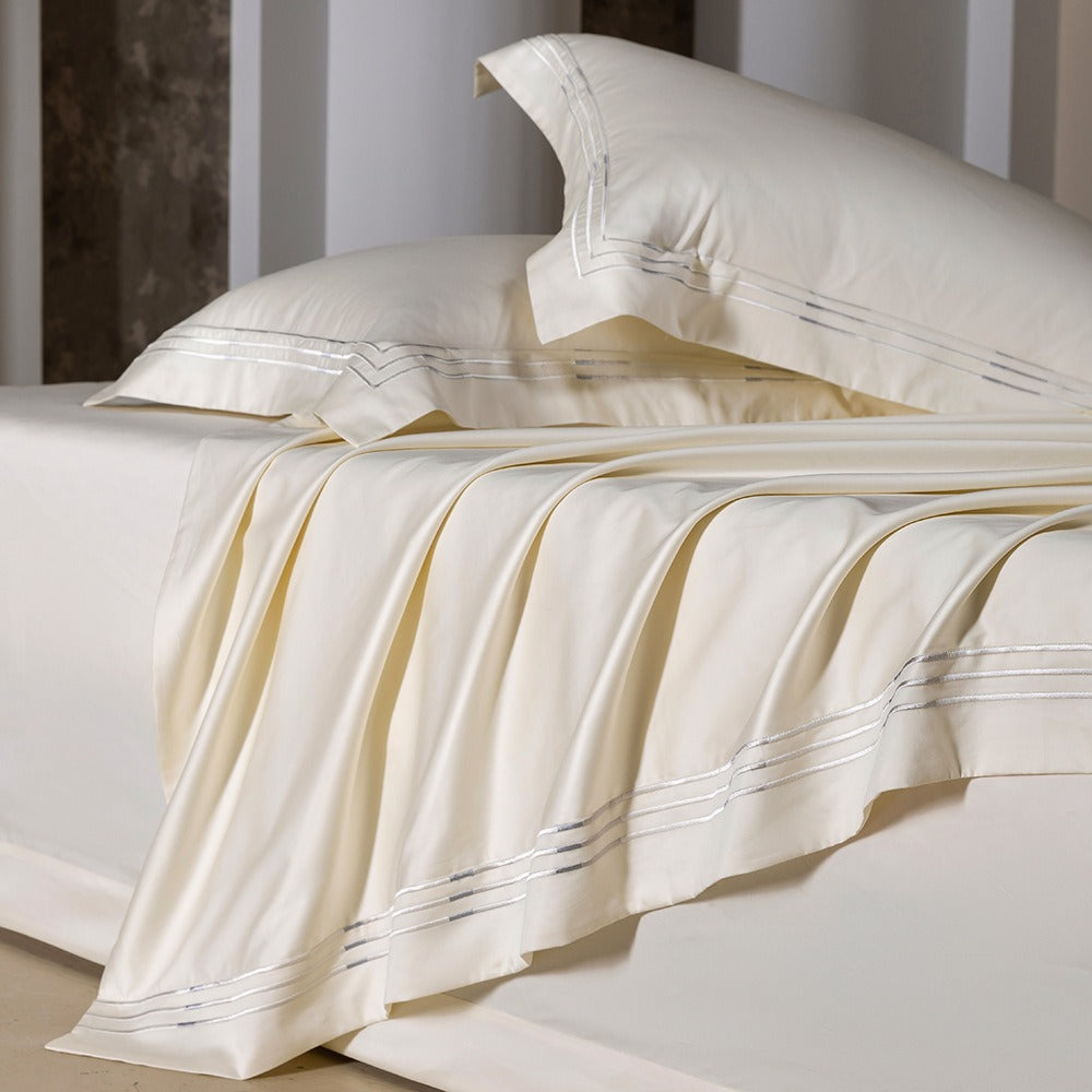 VILZSTUDIOS ivory satin bedding set with triple metallic embroidered stripes and wide flanged borders
