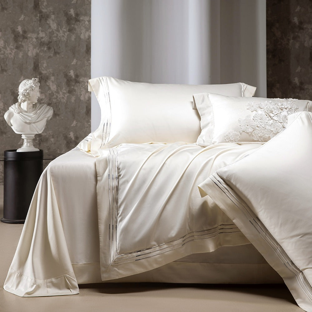 VILZSTUDIOS ivory satin bedding set with triple metallic embroidered stripes and wide flanged borders