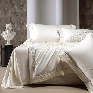 VILZSTUDIOS ivory satin bedding set with triple metallic embroidered stripes and wide flanged borders