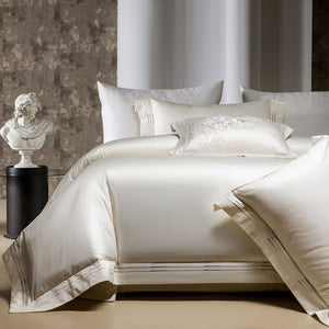 VILZSTUDIOS ivory satin bedding set with triple metallic embroidered stripes and wide flanged borders