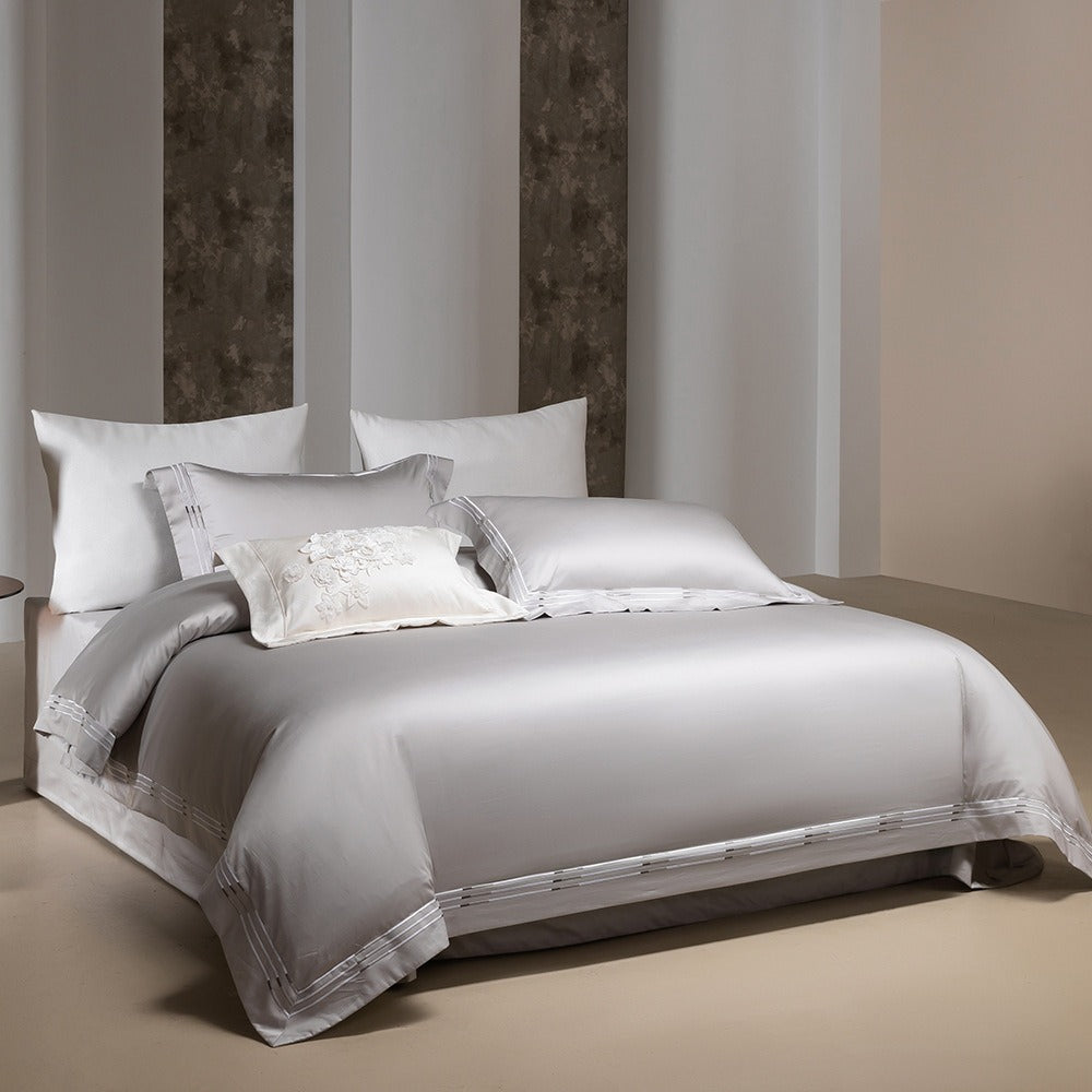 VILZSTUDIOS ivory satin bedding set with triple metallic embroidered stripes and wide flanged borders
