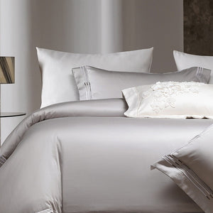VILZSTUDIOS ivory satin bedding set with triple metallic embroidered stripes and wide flanged borders