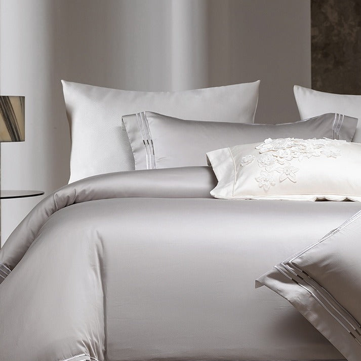 VILZSTUDIOS ivory satin bedding set with triple metallic embroidered stripes and wide flanged borders