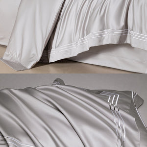 VILZSTUDIOS ivory satin bedding set with triple metallic embroidered stripes and wide flanged borders