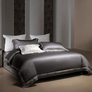 VILZSTUDIOS ivory satin bedding set with triple metallic embroidered stripes and wide flanged borders