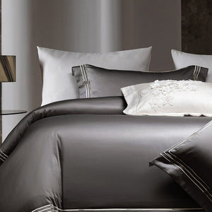 VILZSTUDIOS ivory satin bedding set with triple metallic embroidered stripes and wide flanged borders