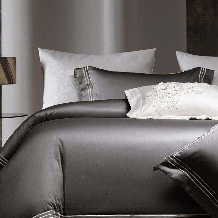 VILZSTUDIOS ivory satin bedding set with triple metallic embroidered stripes and wide flanged borders