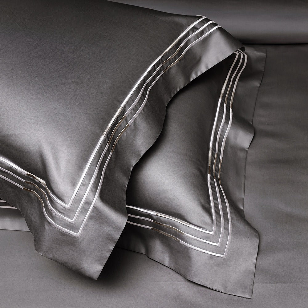 VILZSTUDIOS ivory satin bedding set with triple metallic embroidered stripes and wide flanged borders